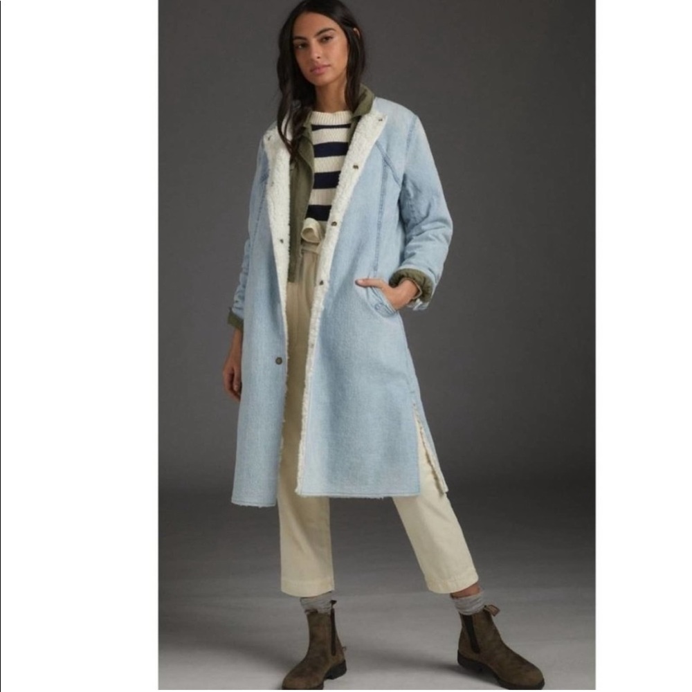 Anthro Reversible Sherpa Denim Duster Coat XL